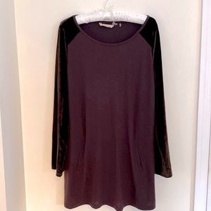 Soft Surroundings Dress Midi Pull Over M Long Velvet Sleeves Brown Pockets Comfy